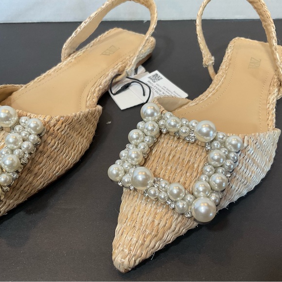 ZARA NWT beige raffia flats with pearl and rhinestone detail 2531/910 size 5 - Picture 11 of 12